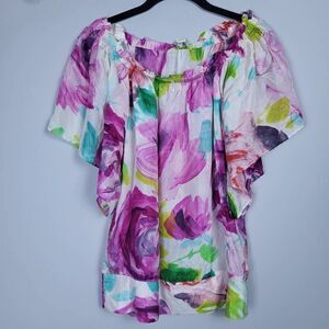 Matty M Womens Floral 100% Silk Top Size XS Pink Off Shoulder Flutter Sleeve